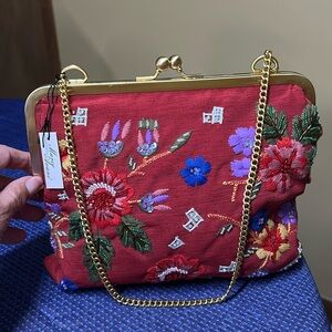 Marco Avane Embroidered & Beaded Purse Red Fabric Evening Bag